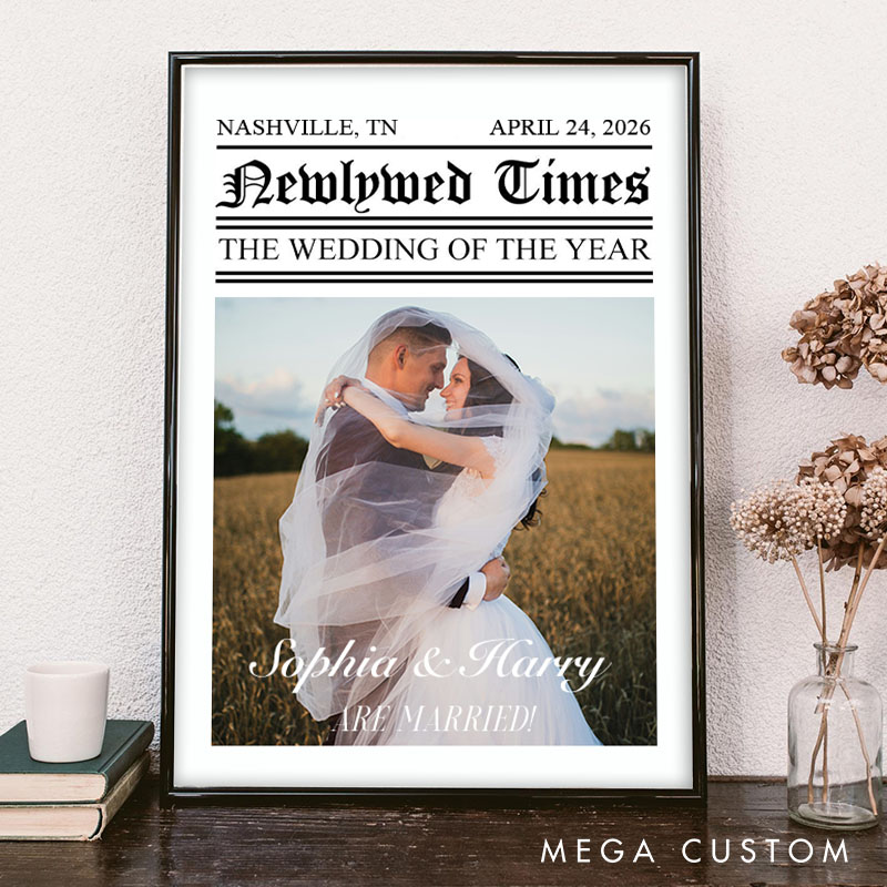 Personalized Couple Newlywed Times Print with Photo Newlyweds Wedding of the Year Canvas Painting Custom Name and Date Poster for Husband Wife