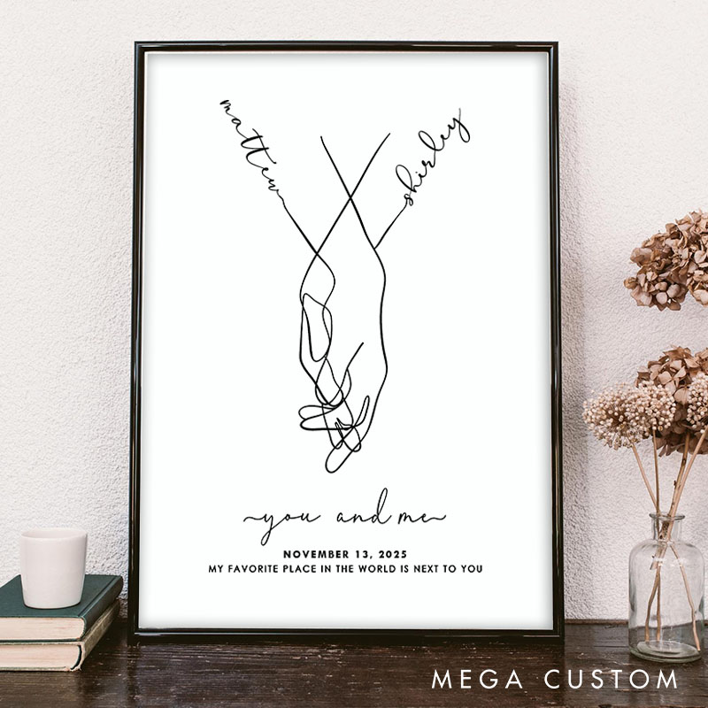 Personalized Couple You and Me Print Couple Line Hands Intertwined Canvas Painting Custom Name and Date Poster for Husband Wife Boyfriend Girlfriend