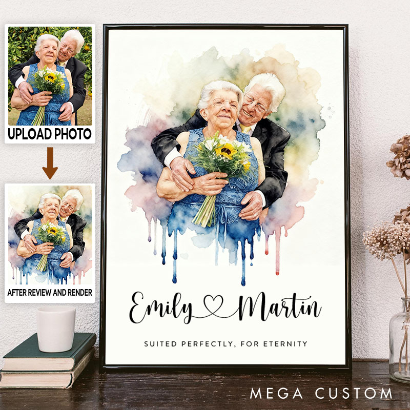 Personalized Couple Watercolor Portrait from Photo Print Engagement Canvas Painting Newlyweds Anniversary Wedding Poster for Husband Wife BF GF