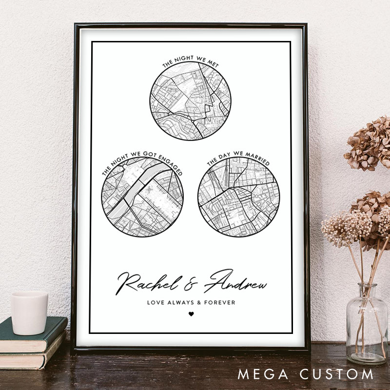 Personalized Couple Round Map Location Print The Night We Met Got Engaged and Married Canvas Painting Couple City Map Poster for Husband Wife