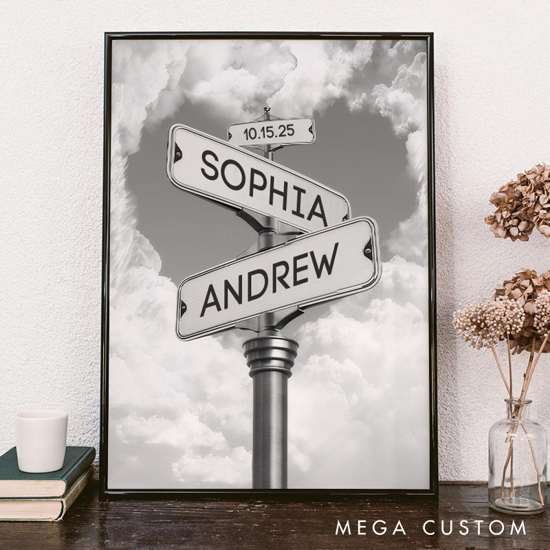 Personalized Couple Road Street Sign Print Couple Name and Date Canvas Painting Crossroads Street Sign Poster for Husband Wife Boyfriend Girlfriend