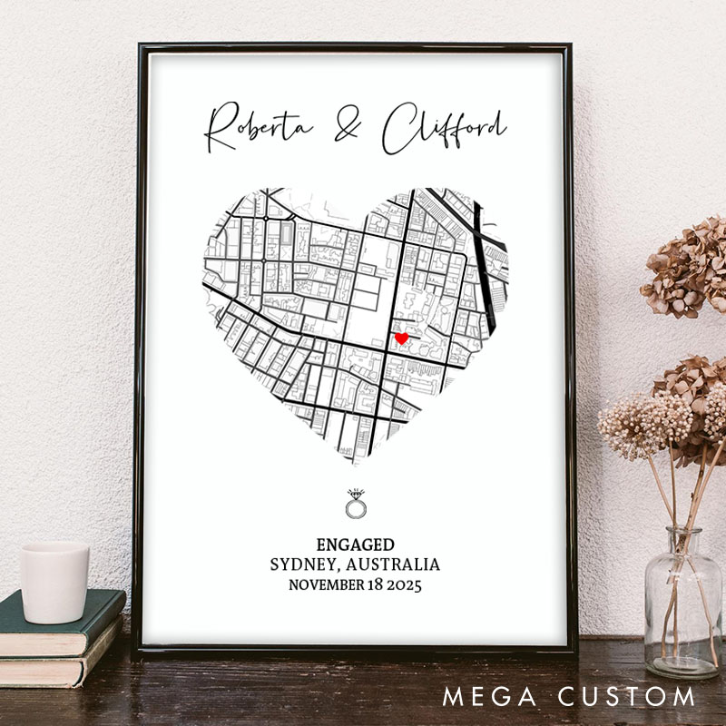 Personalized Couple Heart Map Location Print Engaged Date Canvas Painting Couple City Map Love Poster for Husband Wife Boyfriend Girlfriend
