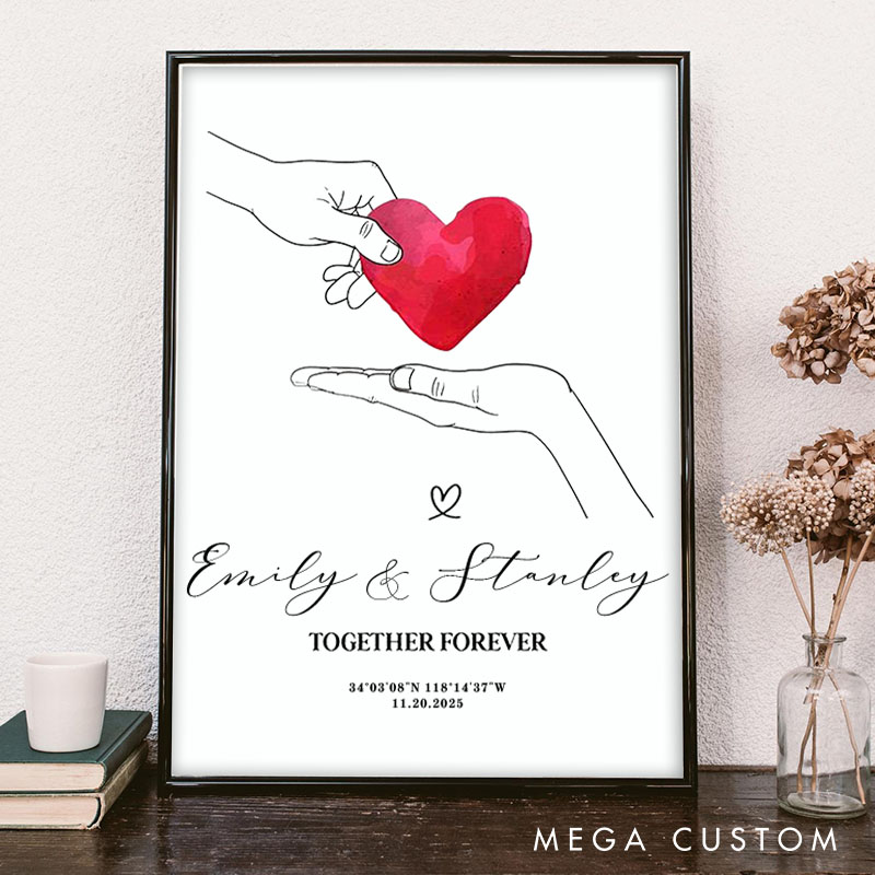 Personalized Couple Two Hands Holding a Heart Print Coordinate Canvas Painting Custom Name and Date Poster for Husband Wife Boyfriend Girlfriend