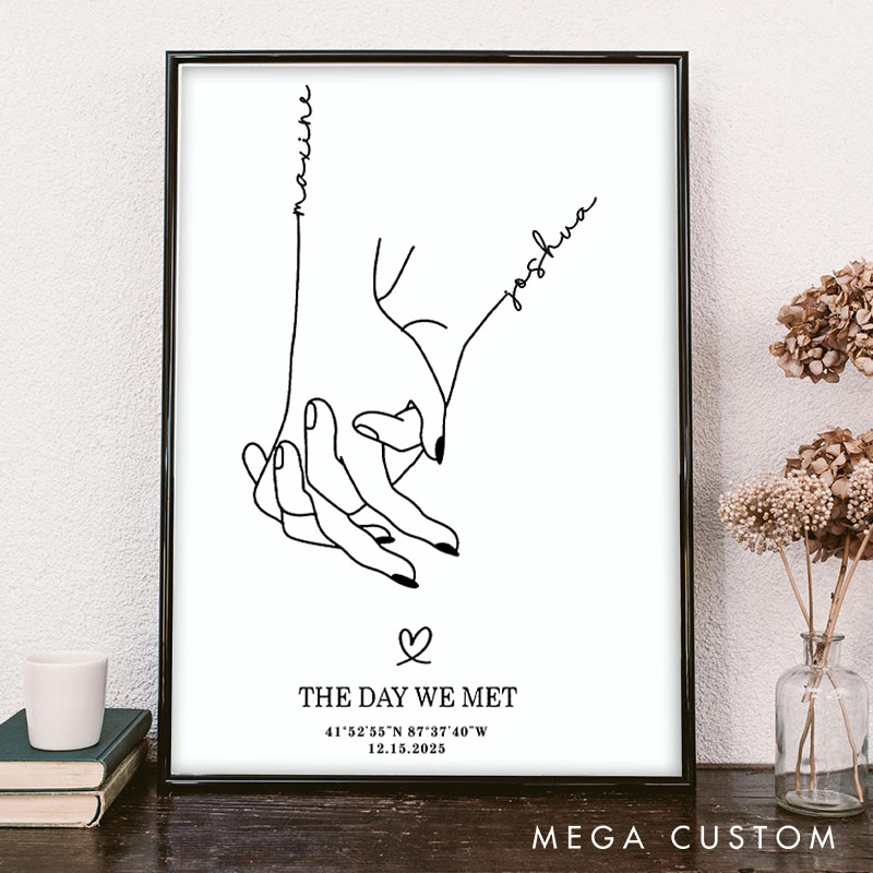 Personalized Couple Hands Intertwined Print with Name The Day We Met Canvas Painting Custom Coordinate Poster for Husband Wife Boyfriend Girlfriend