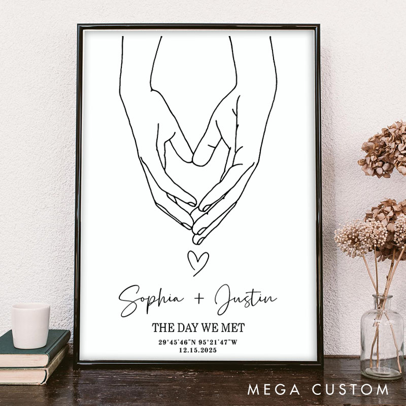 Personalized Couple Hands Form a Heart Print with Name The Day We Met Canvas Painting Custom Coordinate Poster for Husband Wife Boyfriend Girlfriend