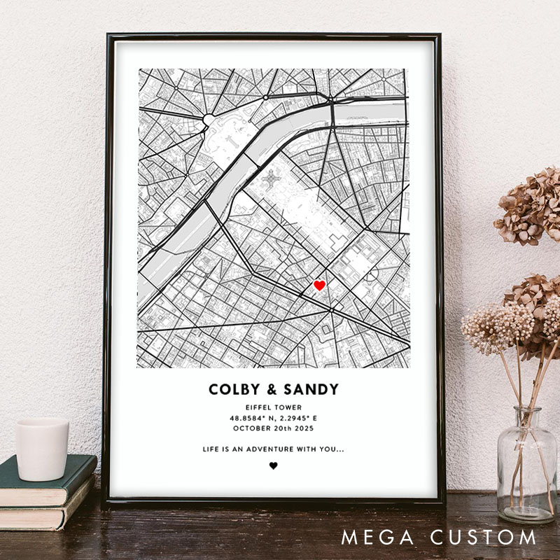 Personalized Couple Map Location Print Life is an Adventure with You Canvas Painting Couple City Town Map Poster for Husband Wife Boyfriend Girlfriend