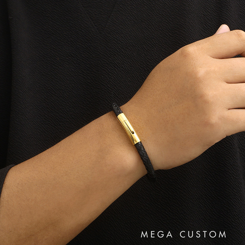 Personalized Braided Leather Bracelet with Custom Name Steel Clasp Religious Jewelry for Men Confirmation Gift Christian Gift for Dad Men Him