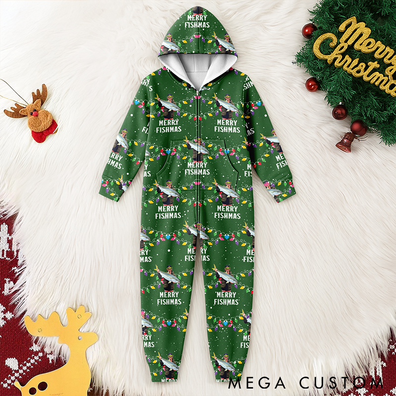 Personalized Fishing Themed Christmas Pajamas Merry Fishmas Onesie Custom Phto Soft Hooded Jumpsuit Funny Holiday Outfit for Fishing Enthusiasts