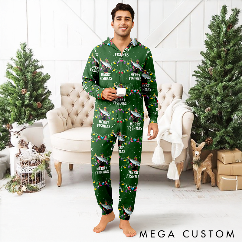 Personalized Fishing Themed Christmas Pajamas Merry Fishmas Onesie Custom Phto Soft Hooded Jumpsuit Funny Holiday Outfit for Fishing Enthusiasts