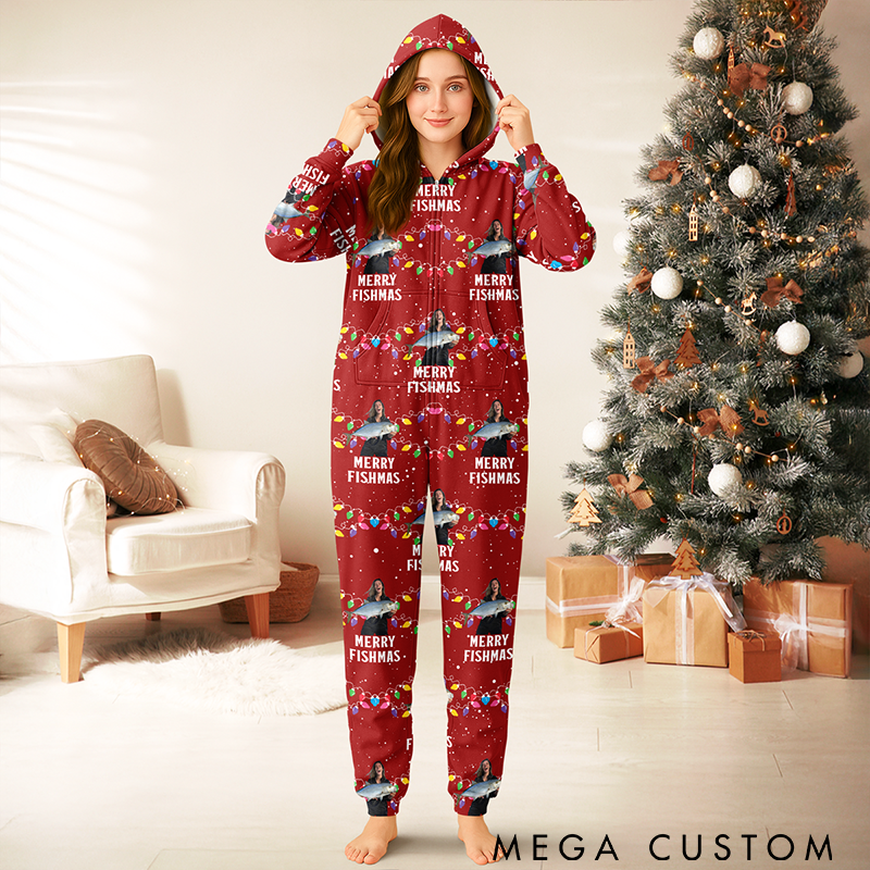 Personalized Fishing Themed Christmas Pajamas Merry Fishmas Onesie Custom Phto Soft Hooded Jumpsuit Funny Holiday Outfit for Fishing Enthusiasts