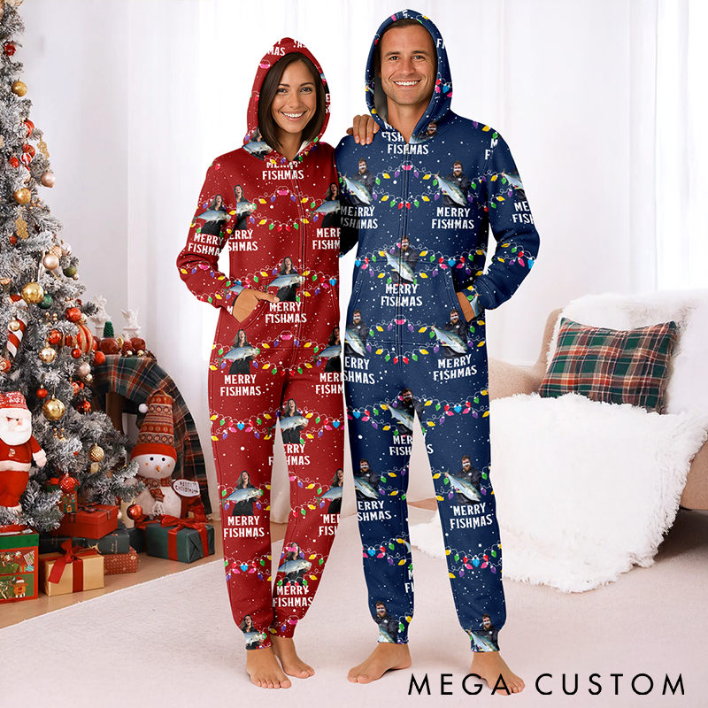 Personalized Fishing Themed Christmas Pajamas Merry Fishmas Onesie Custom Phto Soft Hooded Jumpsuit Funny Holiday Outfit for Fishing Enthusiasts