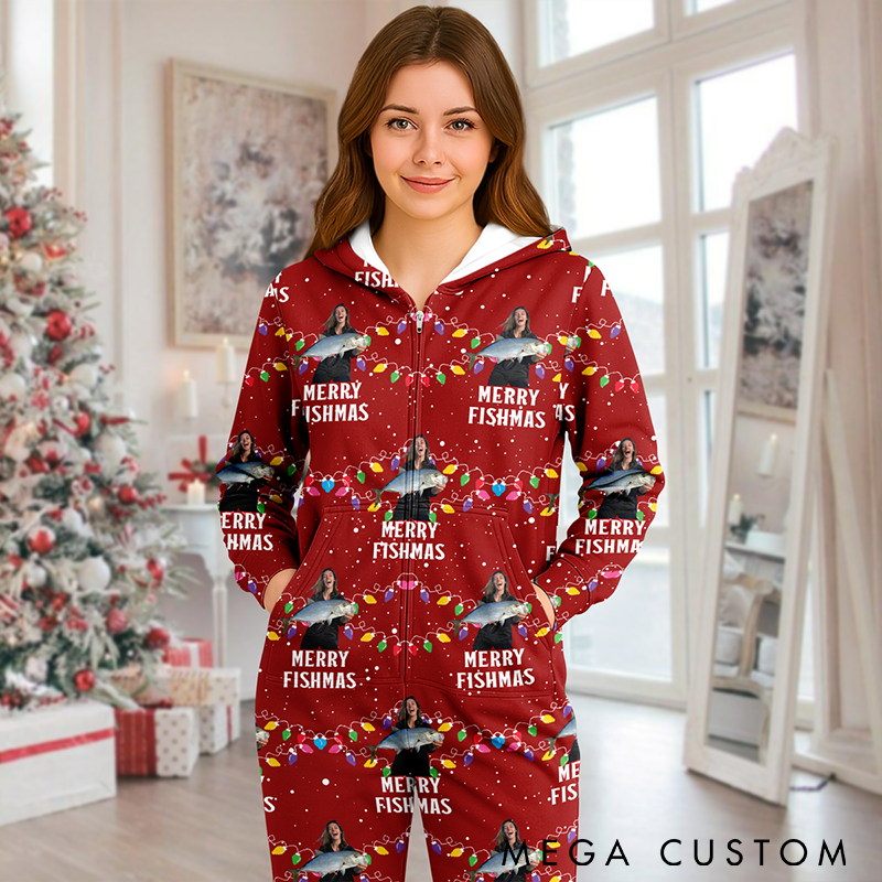 Personalized Fishing Themed Christmas Pajamas Merry Fishmas Onesie Custom Phto Soft Hooded Jumpsuit Funny Holiday Outfit for Fishing Enthusiasts