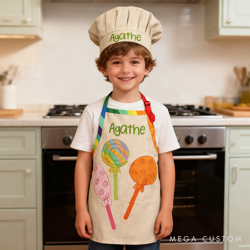 Personalized Colorful Lollipop Adjustable Kid Apron Chef Hat Set with Pocket and Name for Cooking Baking Birthday Holiday Gift for Kids