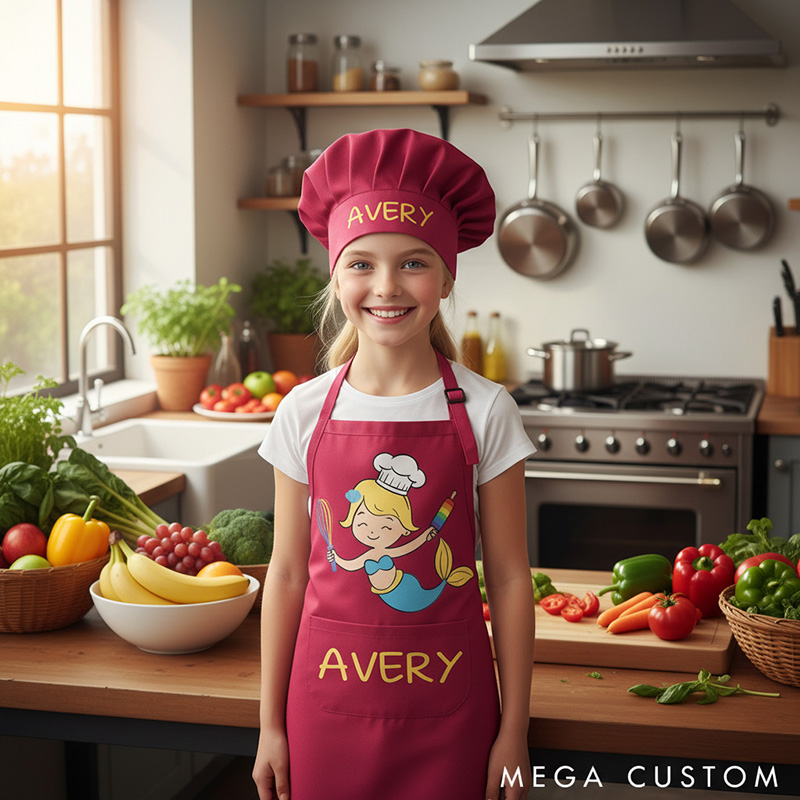 Personalized Mermaid Adjustable Kid Apron Chef Hat Set with Pocket and Name for Cooking Baking Birthday Holiday Gift for Kids