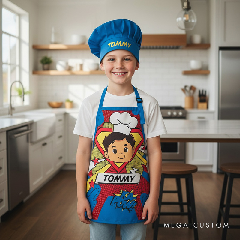 Personalized Comic Style Adjustable Apron Chef Hat Set with Pocket and Name for Cooking Birthday Holiday Gift for Kids