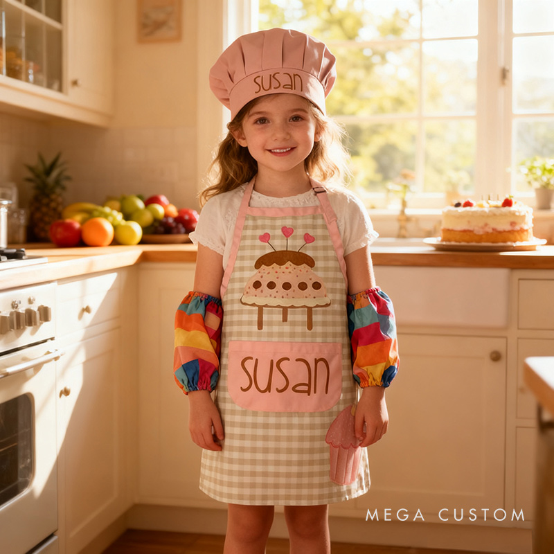 Personalized Checkered Cake Adjustable Kid Apron Chef Hat Set with Pocket and Name for Cooking Baking Birthday Holiday Gift for Kids