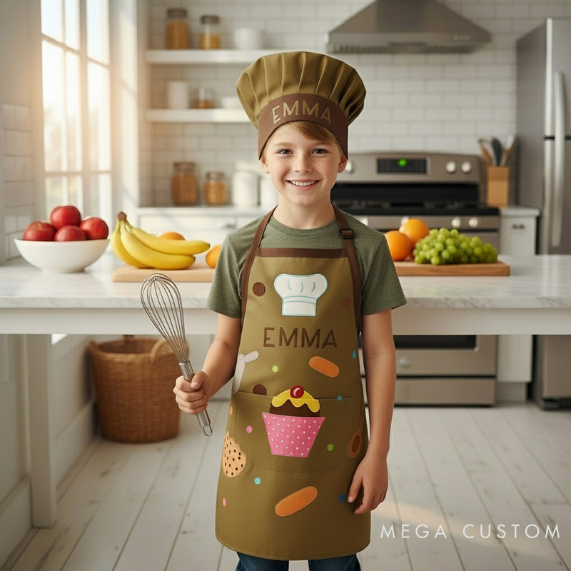 Personalized Cooking Elements Adjustable Kid Apron Chef Hat Set with Pocket and Name for Cooking Baking Birthday Holiday Gift for Kids