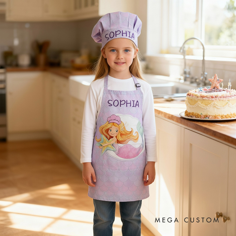 Personalized Ombre Mermaid Full Print Adjustable Kid Apron Chef Hat Set with Pocket and Name for Cooking Baking Birthday Holiday Gift for Kids