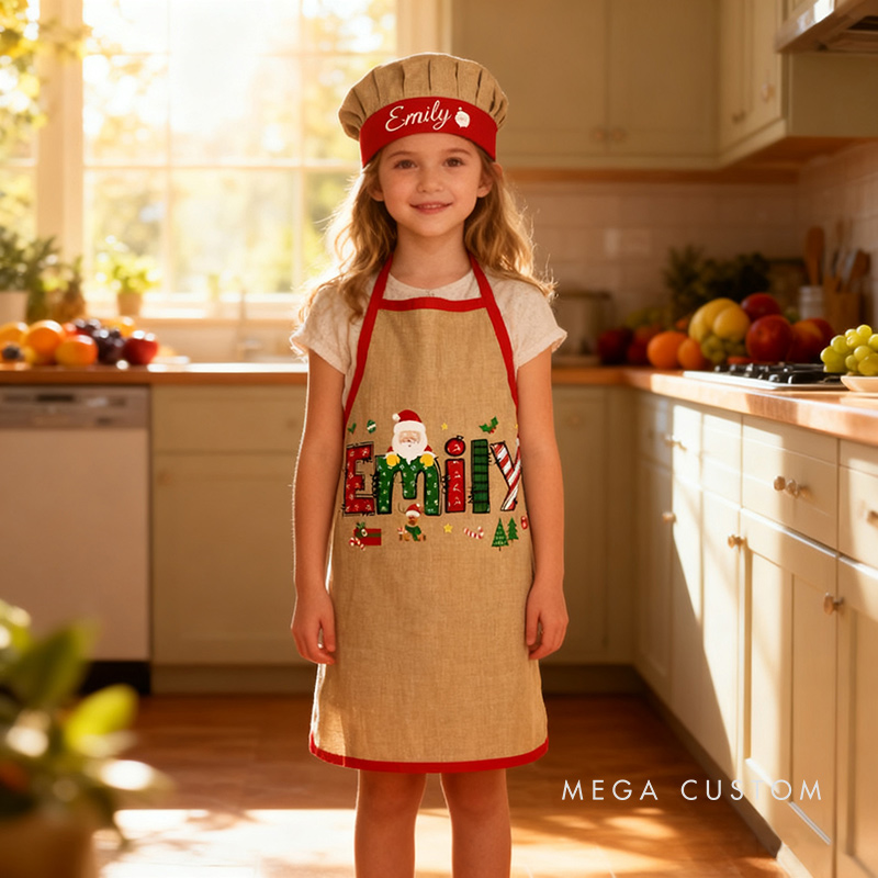 Personalized Christmas Adjustable Kid Apron Chef Hat Set with Pocket and Name for Cooking Baking Birthday Holiday Gift for Kids