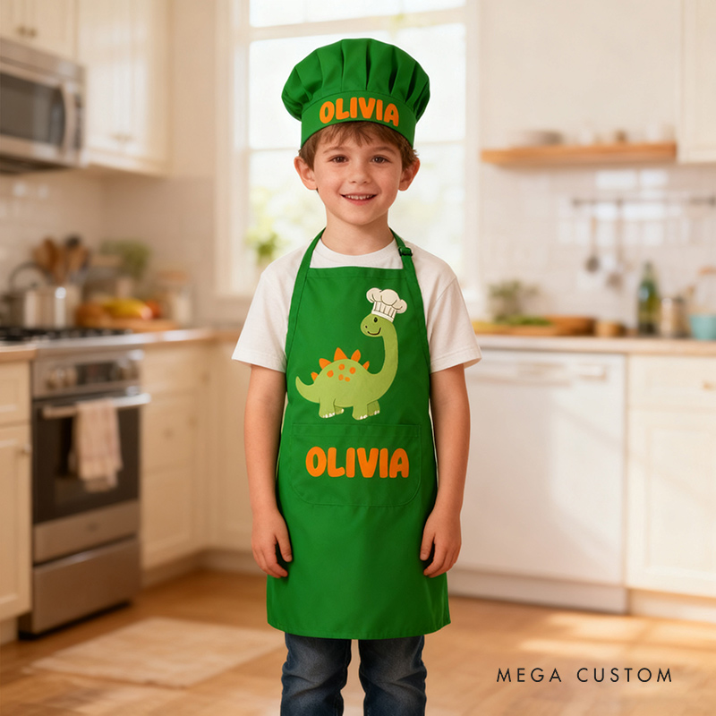 Personalized Cartoon Dinosaur Adjustable Kid Apron Chef Hat Set with Pocket and Name for Cooking Baking Birthday Holiday Gift for Kids