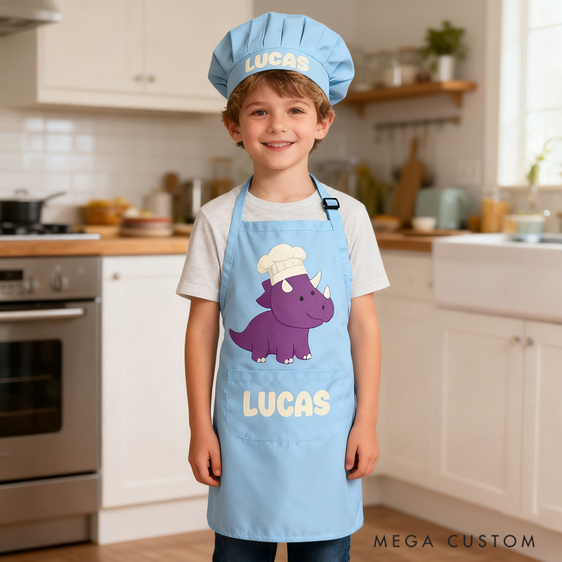 Personalized Cartoon Dinosaur Adjustable Kid Apron Chef Hat Set with Pocket and Name for Cooking Baking Birthday Holiday Gift for Kids