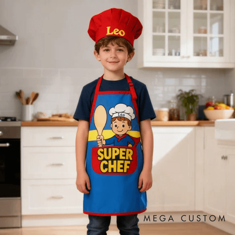 Personalized Cartoon Style Adjustable Apron Chef Hat Set with Pocket and Name for Cooking Birthday Holiday Gift for Kids