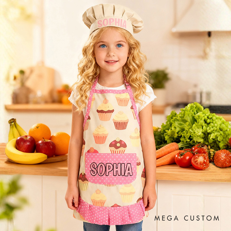 Personalized Cupcake Polka Dot Patchwork Adjustable Kid Apron Chef Hat Set with Pocket and Name for Cooking Baking Birthday Holiday Gift for Kids