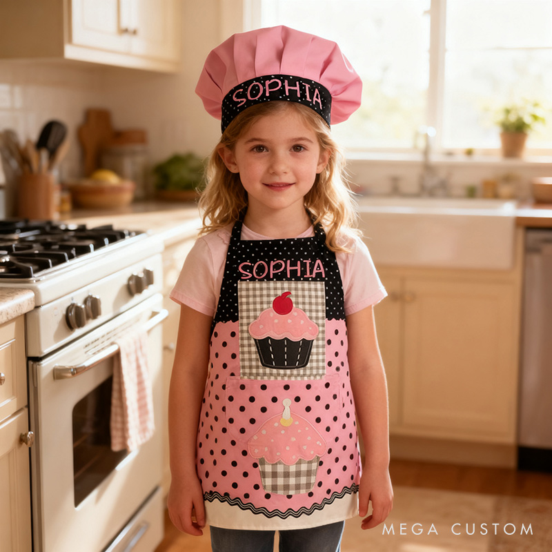 Personalized Polka Dot Color Block Cake Adjustable Kid Apron Chef Hat Set with Pocket and Name for Cooking Baking Birthday Holiday Gift for Kids