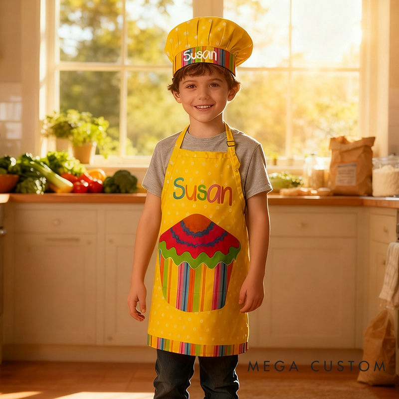 Personalized Colorful Polka Dot Cake Adjustable Kid Apron Chef Hat Set with Pocket and Name for Cooking Baking Birthday Holiday Gift for Kids