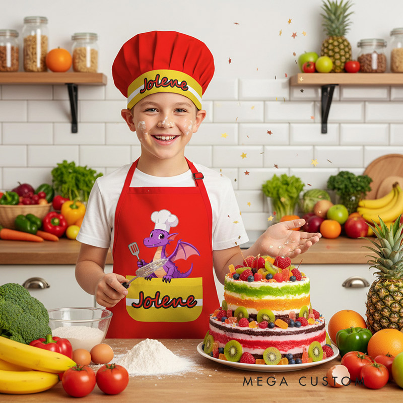 Personalized Little Flying Dragon Adjustable Kid Apron Chef Hat Set with Pocket and Name for Cooking Baking Birthday Holiday Gift for Kids
