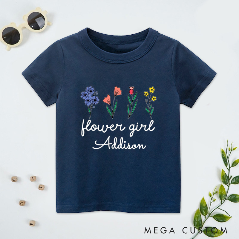 Personalized Whimsical Flower Girl Design with Hand-Drawn Flowers Wedding Flower Girl T-Shirt 