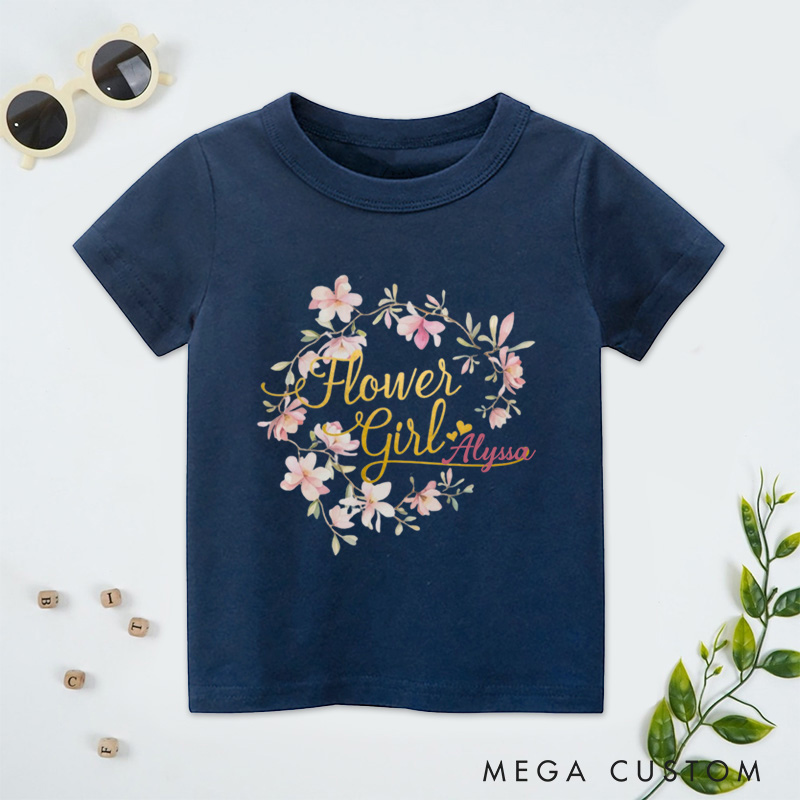Personalized Watercolor Whimsical Floral Wreath Wedding Flower Girl T-Shirt 