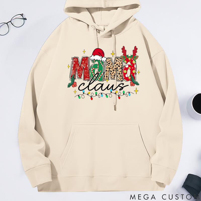 Personalized Christmas Mama Gigi Nana Claus Classic Hoodie with Santa Hat and Reindeer Antler Decorations