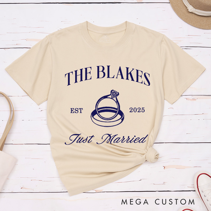 Personalized Elegant Just Married Wedding Rings Newlyweds Wedding Couple Classic T-Shirt