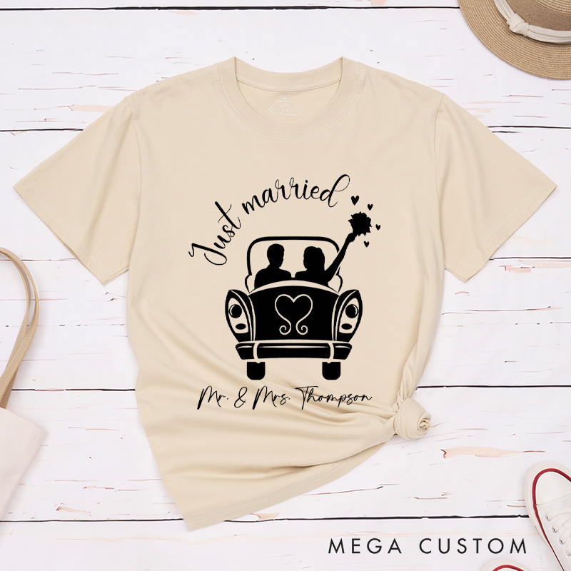 Personalized Romantic Just Married with Wedding Car Wedding Couple Classic T-Shirt