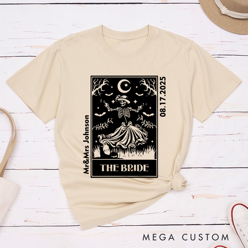 Personalized Whimsical Tarot Card Skeleton Bride and Groom Wedding Couple Classic T-Shirt