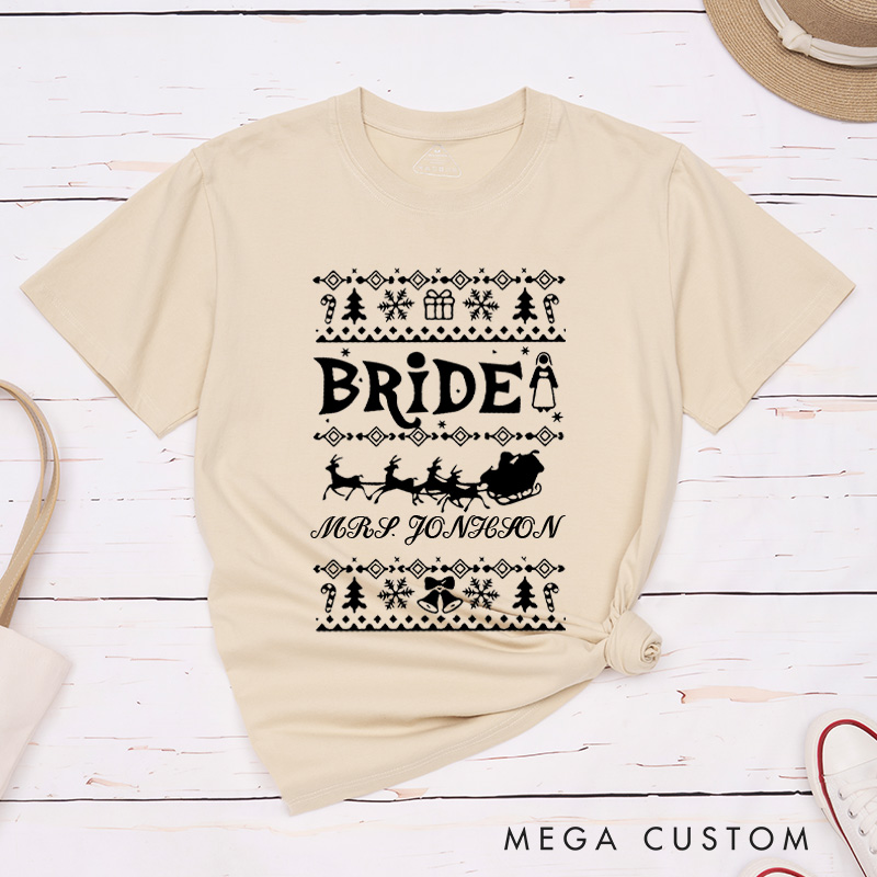 Personalized Christmas Bride and Groom with Reindeer and Sleighs Matching Wedding Couple Classic T-Shirt