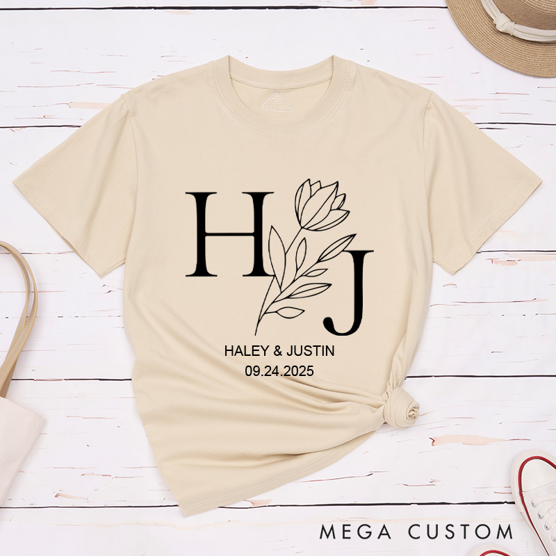 Personalized Elegant Floral with Initials Wedding Couple Classic T-Shirt