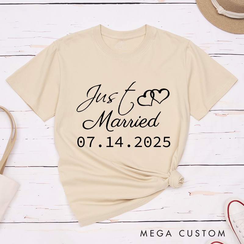 Personalized Elegant Just Married with Hearts Wedding Couple Classic T-Shirt