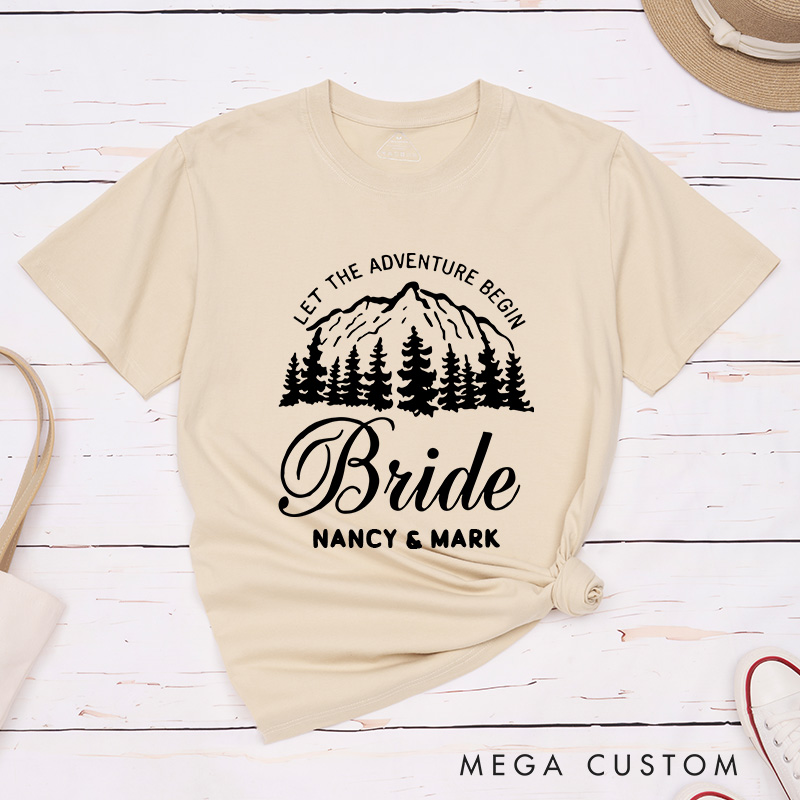 Personalized Mountain Serene Let The Adventure Begin Bride and Groom Wedding Couple Classic T-Shirt