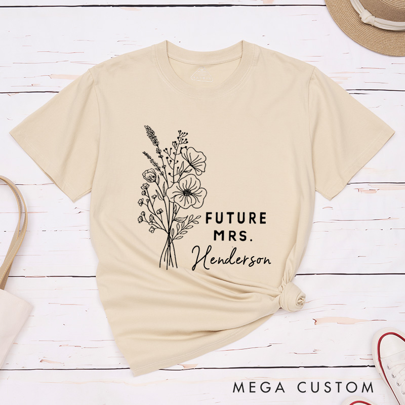 Personalized Elegant Hand-Drawn Morning Glory Flowers Future Mers Fiancee Engagement Fiancée Classic T-Shirt
