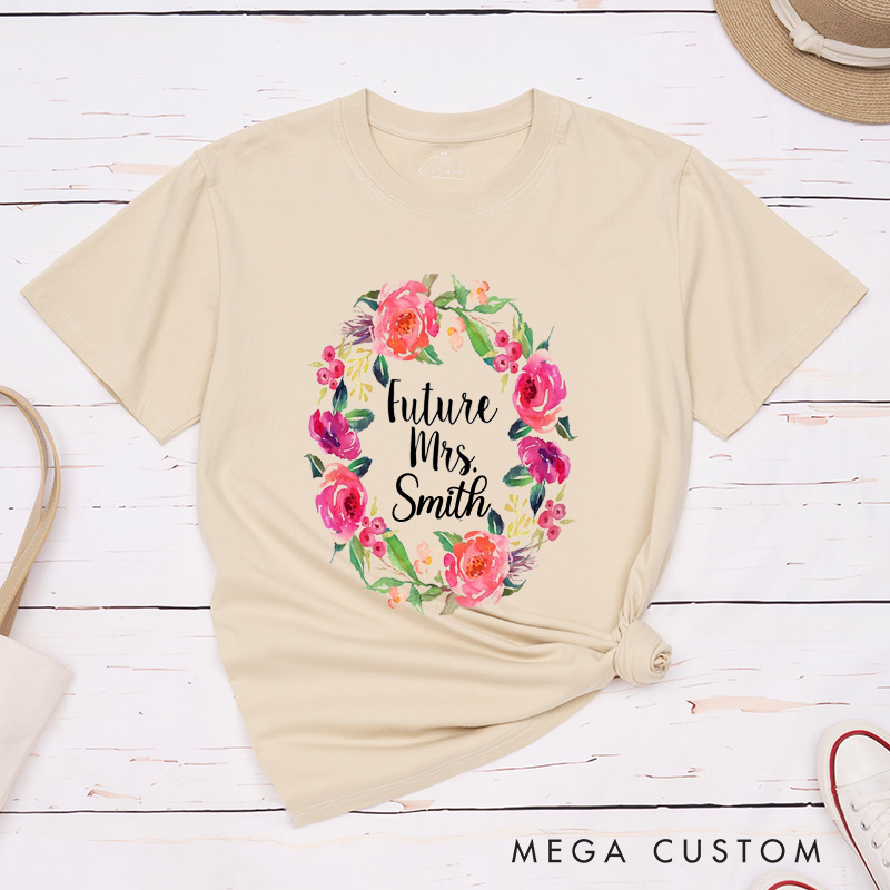 Personalized Romantic Watercolor Floral Wreath Future Mrs Fiancee Engagement Fiancée Classic T-Shirt