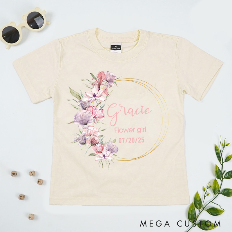 Personalized Delicate Flower Wreath T-Shirt for Wedding Flower Girl