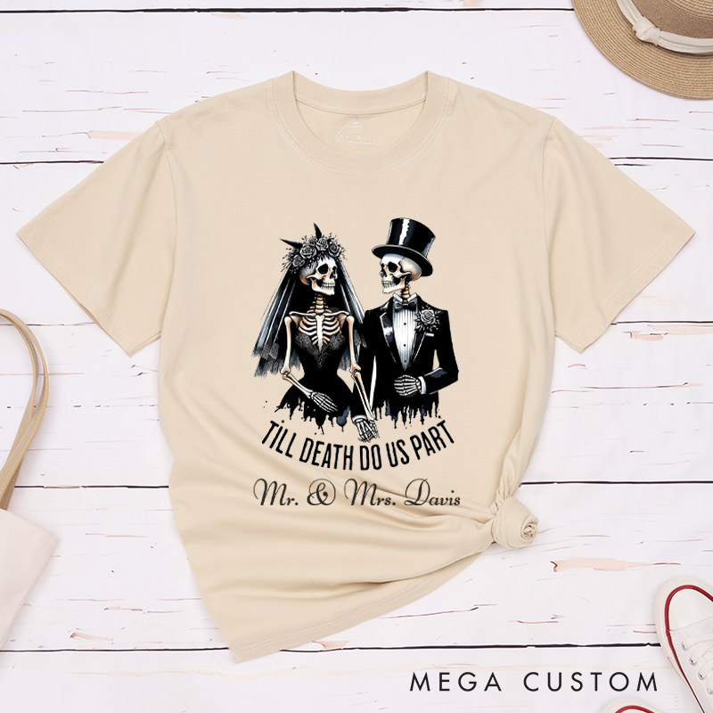 Personalized Til Death Do Us Part Skeleton Bride and Groom Matching Wedding Couple Classic T-Shirt