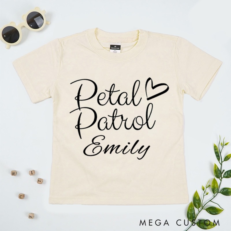 Personalized Chic Handwritten Petal Patrol with Heart Wedding Flower Girl T-Shirt 