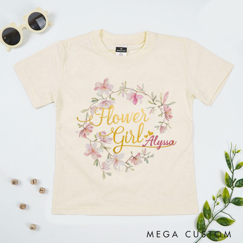 Personalized Watercolor Whimsical Floral Wreath Wedding Flower Girl T-Shirt 