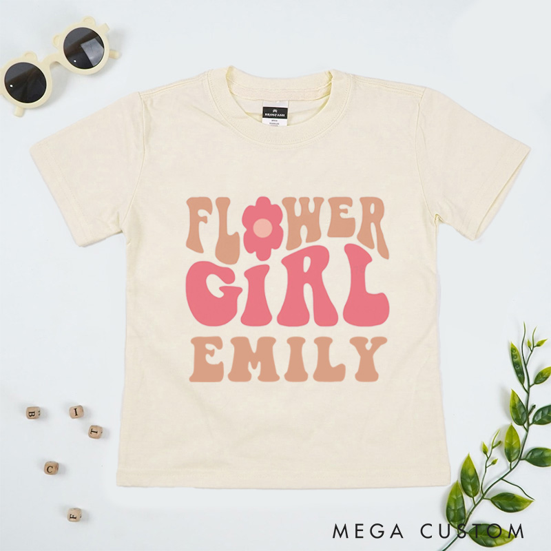 Personalized Retro Groovy Flower Girl Wedding Flower Girl T-Shirt 
