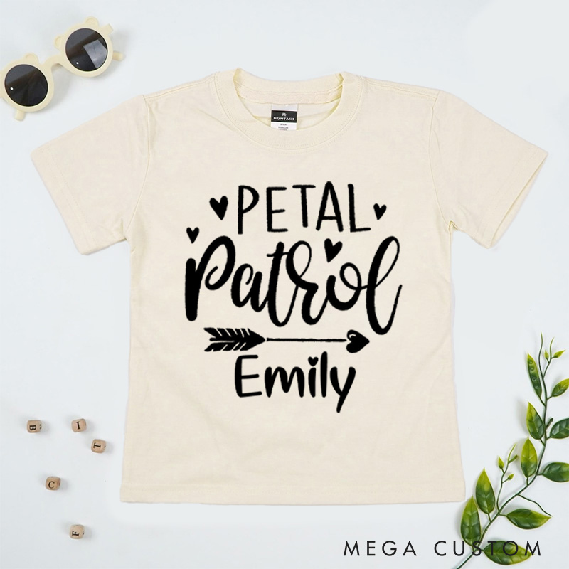 Personalized Whimsical Handwritten Petal Patrol with Heart and Arrow Wedding Flower Girl T-Shirt 