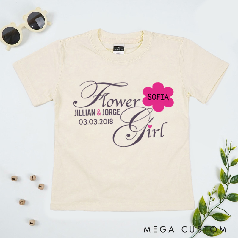 Personalized Elegant Script Flower Girl with Floral Name Wedding Flower Girl T-Shirt 