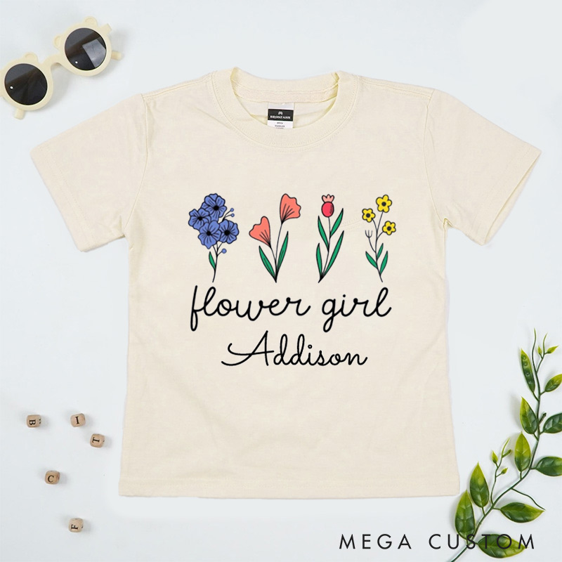 Personalized Whimsical Flower Girl Design with Hand-Drawn Flowers Wedding Flower Girl T-Shirt 